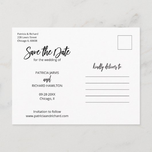 Carte Postale Simple moderne Script Wedding Enregistrer La Date (Dos)