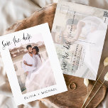 Carte Postale Simple modifiable Enregistrer la date Photo Minima<br><div class="desc">Mariage Sauvegardez les Cartes de Date qui ont une photo sur le devant et le dos. Les cartes Save the Date contiennent une typographie de script moderne,  lettrée à la main,  qui sont élégantes,  simples et modernes à utiliser après que vous minimaliste simple célébration de mariage.</div>