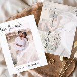 Carte Postale Simple modifiable Enregistrer la date Photo Minima<br><div class="desc">Mariage Sauvegardez les Cartes de Date qui ont une photo sur le devant et le dos. Les cartes Save the Date contiennent une typographie de script moderne,  lettrée à la main,  qui sont élégantes,  simples et modernes à utiliser après que vous minimaliste simple célébration de mariage.</div>