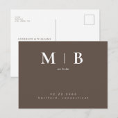 Carte Postale Simple Monogramme Élégant Marron Save Date Contemp (Devant / Derrière)