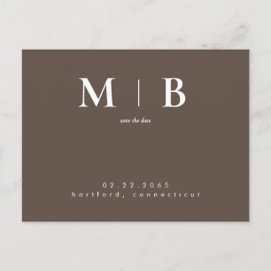 Carte Postale Simple Monogramme Élégant Marron Save Date Contemp