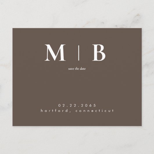 Carte Postale Simple Monogramme Élégant Marron Save Date Contemp (Devant)