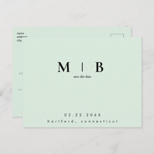 Carte Postale Simple Monogramme Mint QR Code Enregistrer la date (Devant / Derrière)