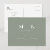 Carte Postale Simple Monogramme Sage Enregistrer la Date QR Code (Devant / Derrière)