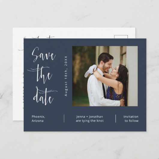 Carte Postale Simple Navy Blue Photo QR Code Enregistrer La Date (Devant / Derrière)