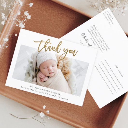 Carte Postale Simple Photo de bébé Merci Script Or