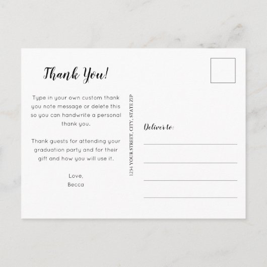 Carte Postale Simple Photo Graduation White Script Thank You (Dos)