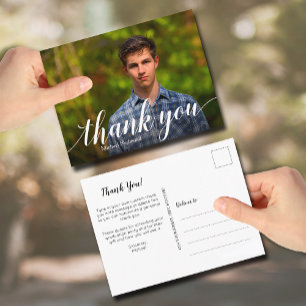 Carte Postale Simple Photo Graduation White Script Thank You