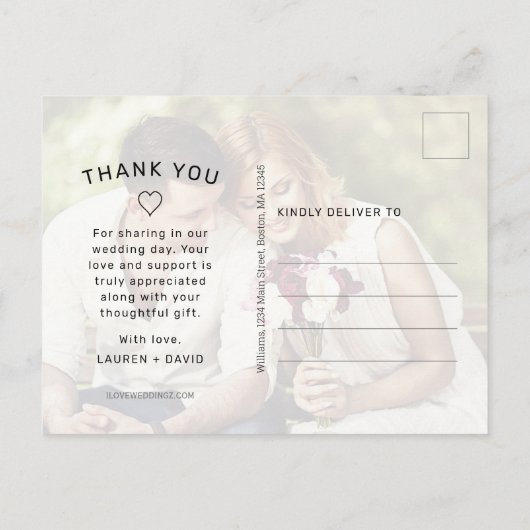 Carte Postale Simple photo noir Script Mariage blanc Merci (Dos)