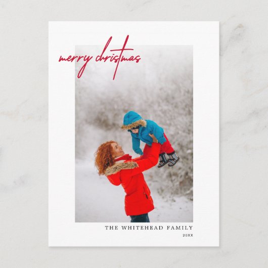 Carte Postale Simple Rouge Joyeux Noël Photo Blanc (Devant)