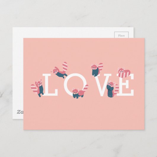 Carte postale Simple Rouge Panda Rose LOVE (Devant / Derrière)