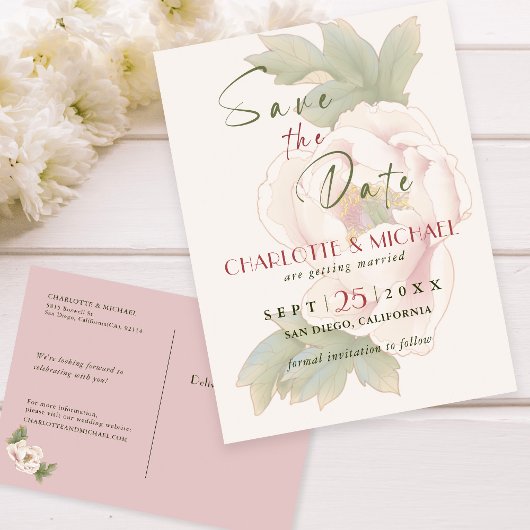 Carte Postale Simple rustique Enregistrer la date Blush Peony Ma