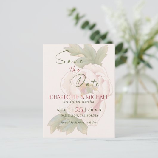 Carte Postale Simple rustique Enregistrer la date Blush Peony Ma (Debout devant)