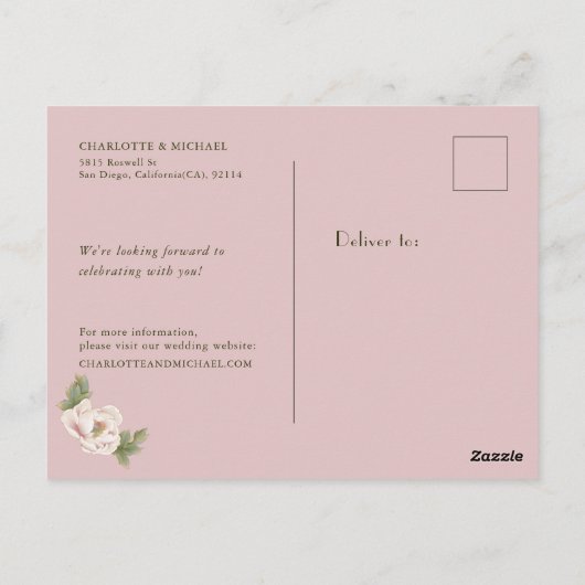 Carte Postale Simple rustique Enregistrer la date Blush Peony Ma (Dos)