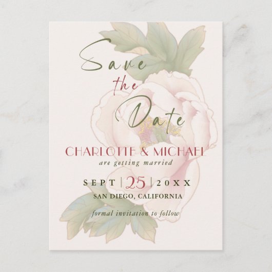 Carte Postale Simple rustique Enregistrer la date Blush Peony Ma (Devant)
