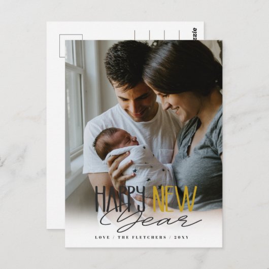 Carte Postale Simple Script de signature Bonne année Fête (Devant / Derrière)
