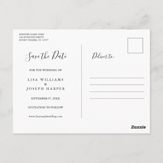 Carte Postale Simple Script Noir et Blanc Save the Date (Dos)