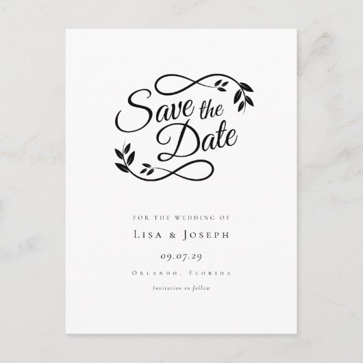 Carte Postale Simple Script Noir et Blanc Save the Date (Devant)