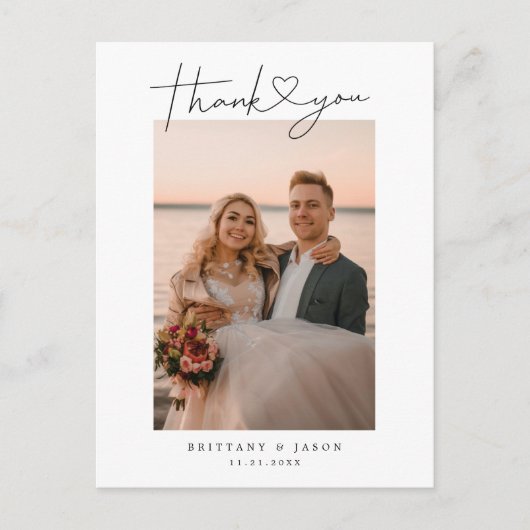 Carte Postale Simple Script with Heart Mariage Remerciement Phot (Devant)