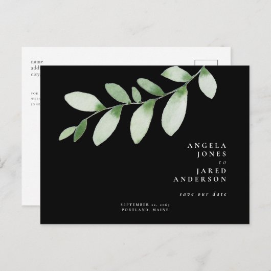 Carte Postale Simplicité & Foliage Mariage noir Enregistrer notr (Devant / Derrière)