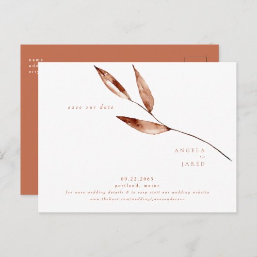 Carte Postale Simplicité Foliage Terracotta Mariage Date de sauv (Devant / Derrière)