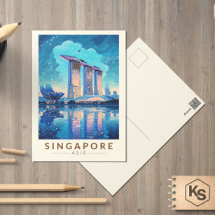Carte Postale Singapore Marina Bay Night Travel Art Vintage