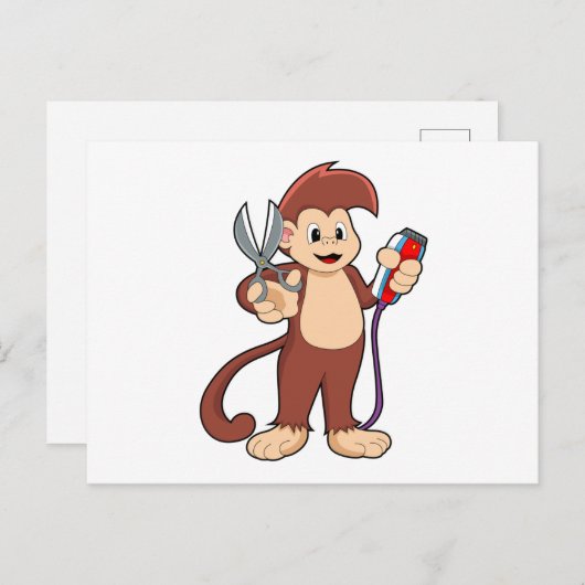 Carte Postale Singe coiffeur avec ciseaux et rasoir (Devant / Derrière)