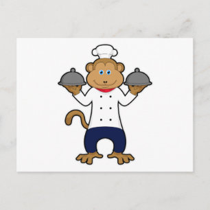 Carte Postale Singe cuisinier avec assiettes de service