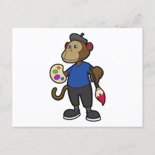 Carte Postale Singe en peintre avec peinture et pinceau
