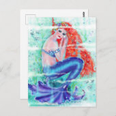 Carte Postale Sirène à tête rouge avec queue violette par Renee (Devant / Derrière)