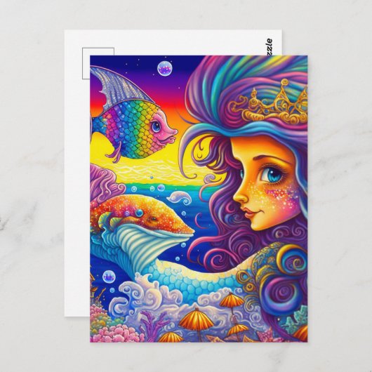 Carte Postale Sirène arc-en-ciel et poisson à l'océan (Devant / Derrière)