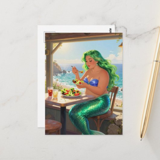 Carte Postale Sirène au café mangeant une salade (Devant/Arrière en situation)