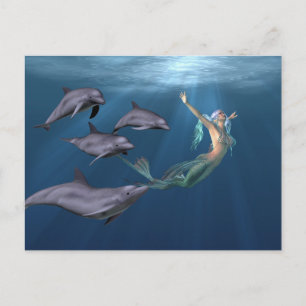 Carte Postale Sirène Avec Amis Dauphins Océan