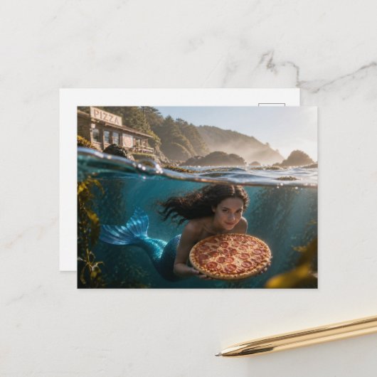 Carte Postale Sirène drôle avec une pizza (Devant/Arrière en situation)