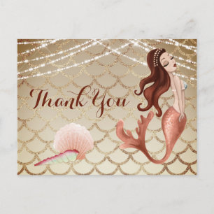 Carte Postale Sirène en or Rose avec Merci Seashells