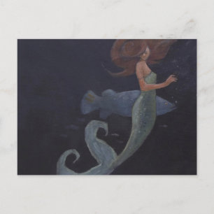 Carte Postale Sirène et poisson bleu