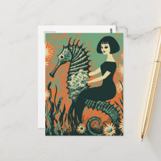 Carte Postale Sirène et son Hippocampe Rétro