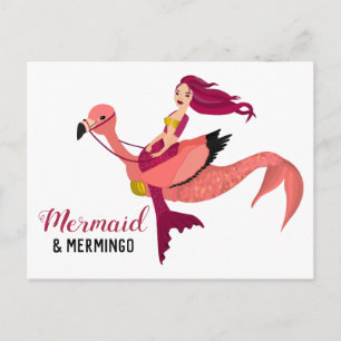 Carte Postale Sirène pourpre & Flamant rose rose mou BFF Merming