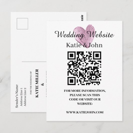 Carte Postale Site Web de Mariage Ajouter un Code QR Texte Minim (Devant / Derrière)