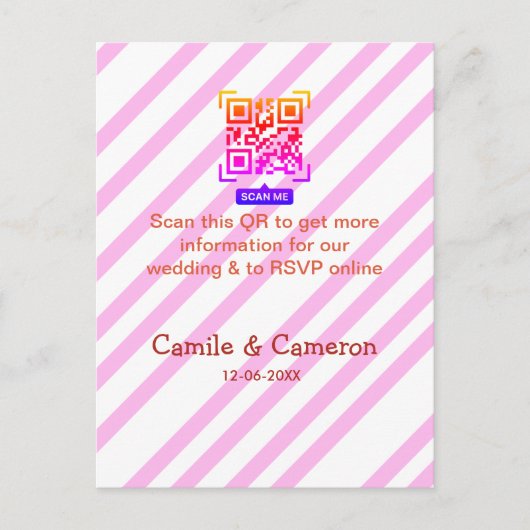 Carte Postale SITE WEB DE MARIAGE QR rose nom date moderne rayé (Devant)
