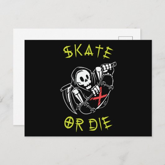 Carte Postale Skate ou die Grim Reaper Skeleton Skateboarder (Devant / Derrière)