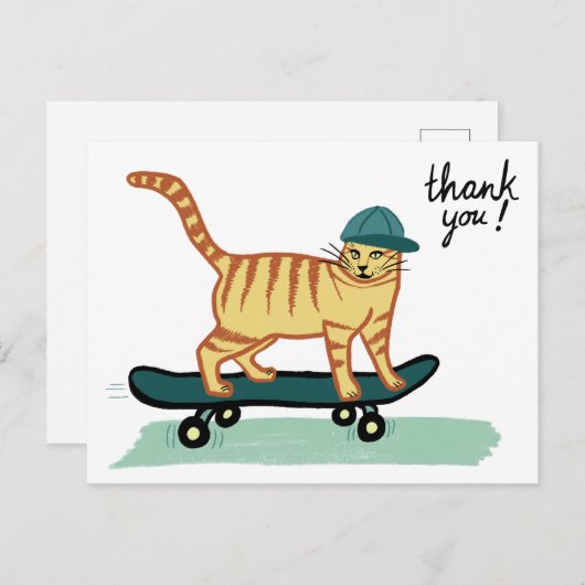 Carte Postale Skate Tabby MERCI Chat (Devant / Derrière)