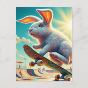 Carte Postale Skateboard Blanc Bunny Surréaliste Coloré et amusa