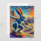 Carte Postale Skateboard Rabbit Coloré Amusement Surreal (Devant / Derrière)