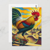 Carte Postale Skateboard Rooster coloré et amusant (Devant / Derrière)