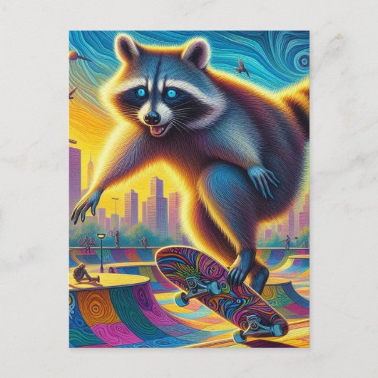 Carte Postale Skateboard Surreal Adorable Raccoon (Devant)