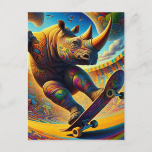 Carte Postale Skateboard Surreal Adorable Rhino