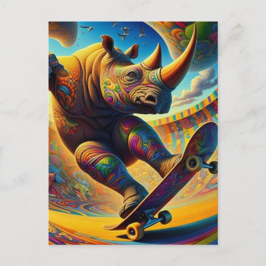Carte Postale Skateboard Surreal Adorable Rhino (Devant)