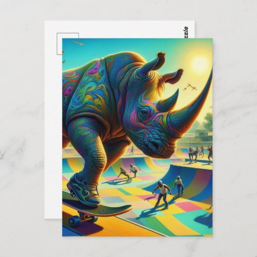Carte Postale Skateboard Surreal Adorable Rhino (Devant / Derrière)