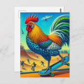 Carte Postale Skateboard Surreal Coloré et amusant Rooster (Devant / Derrière)